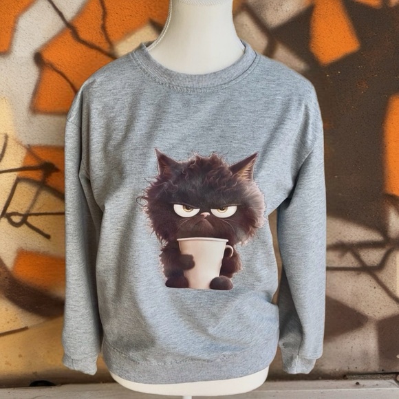 Gray Cat Sweatshirt with Coffee Print - Picture 7 of 10